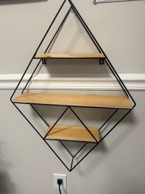Geometric Diamond Wall Shelf with Light Wood and Black Frame